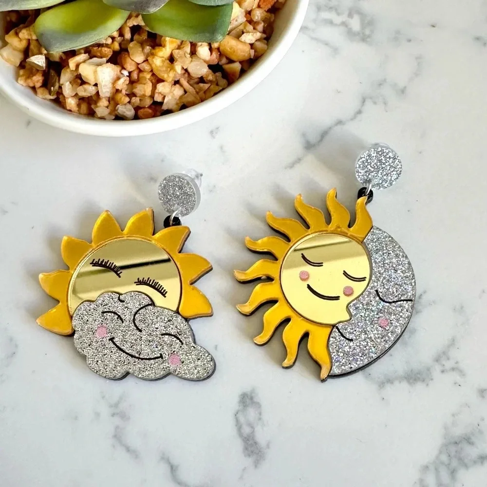 2/$30🌵 Sun & Moon Earrings Mirrored Acrylic Large Pop Art Celestial Glitter NEW